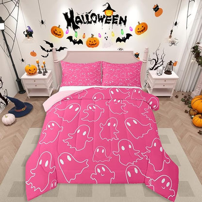 Erosebridal Girls Hallloween Ghost Bedding Set Full, Kawaii Ghost Comforter Set, Cute Pink Spooky Comforter for Kids Teens Women Bedroom Decor, Funny Halloween Decor Quilt