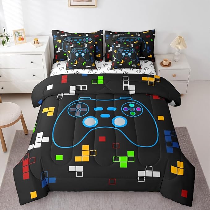 Cartoon Gamepad 7Pcs Comforter Set Queen Size,Miner Video Games Bedding Set,Kids Boys Girls Room Decor,Colorful Pixelated Geometric Bed in a Bag Black Reversible Gamer Flat Fitted Sheet,2 Pillowcases