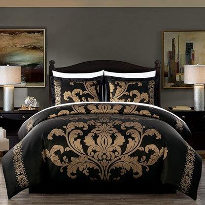 Chezmoi Collection Valor 7-Piece King Bed in a Bag, Black/Gold Luxury Jacquard Floral Comforter with Sheets Set for All Season