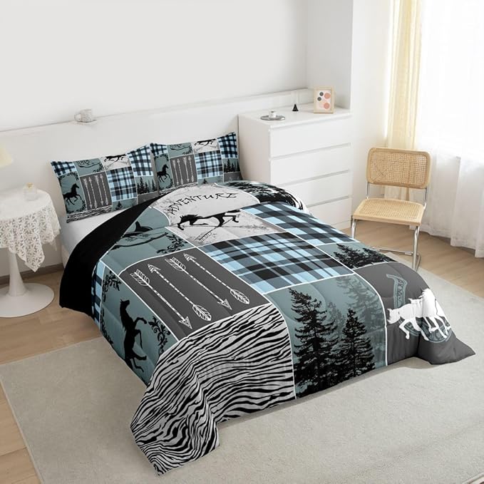 Erosebridal Western Cowboy Bedding Set Queen, Horse Arrow Comforter Set with 2 Pillow Cases, Riding Boots Horseshoe Quilt Rustic Farmhouse Patchwork Duvet Insert for Kids Boys Teens Bedroom Decor