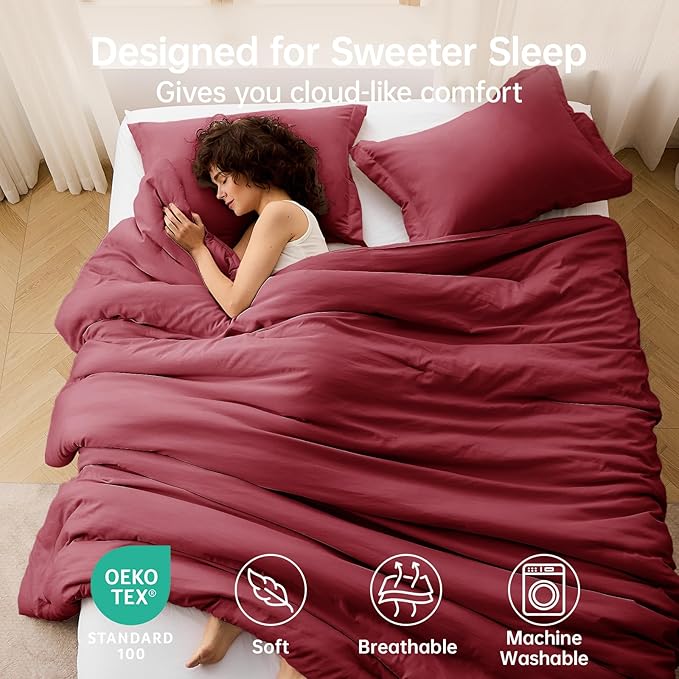 MUXHOMO King Size Comforter Set, All Season Ultra Soft Down Alternative Bedding - 3 Piece Lightweight Bed Set Includes 1 Comforter (104"x90") and 2 Pillow Shams (20"x36"), Burgundy Red