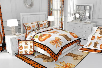 Erosebridal Western Cowgirl Comforter Set King,Cowboy Boots Hat Bedding Set Orange Plaid Bowknots Bedding Comforter Sets for Kids Boys Girls Bedroom Decor,Pumpkin Fall Harvest Quilt Duvet 3 Pcs