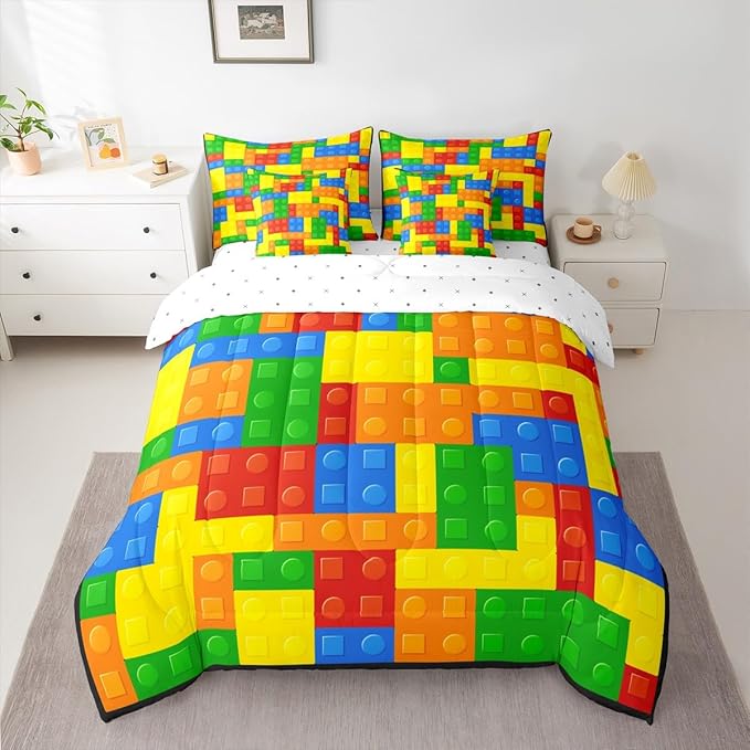 Kids Games Comforter Set 7 Pcs King Size,Cartoon Construction Bedding Set for Child Boys Room Decor Color Building Blocks Gaming Theme Fitted Flat Sheet 2 Throw Pillow Covers 2 Pillowcases