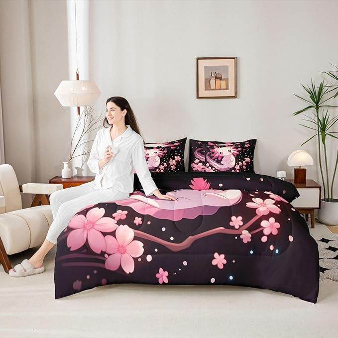 Erosebridal Cartoon Axolotl 7 Piece Comforter Set Full | Wildlife Cherry Blossom Japanese Bed in A Bag Underwater World Pink Salamander Sheet Set Ocean Animal Fitted Sheet Breathable Lightweight