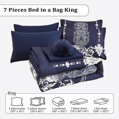 Mybedsoul 7 Pieces Navy Blue Comforter Set King Size, Damask Bed in a Bag for King Bed, Lightweight Microfiber Boho Bedding Sets with Comforter, Sheet, Pillowcases & Shams for All Season(90"x104")