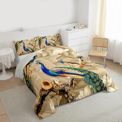 Feelyou Peacock Comforter Peacock with Floral Bedding Set for Kids Adults Girls Animals Comforter Set Botanical Quilt Set 1 Comforter Set with 2 Pillowcases Queen Size