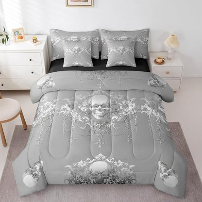 Gothic Bed in a Bag King Size Comforter Set 7 Pieces,Goth Sugar Skull Bedding Set,Sliver White Damask Bohemian Vintage Floral Comforter and Sheet Set,Exotic Antique Victorian Baroque Decor