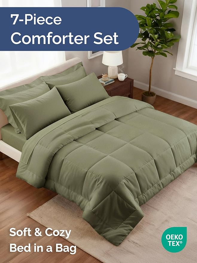Full Comforter Set - 5 Piece Bed in a Bag Full Size Bed Set - Down Alternative Comforter, Flat Sheet, Fitted Sheet, Pillowcase & Shams for All Seasons - Ultra Soft, Comfy and Breathable - Sage Green