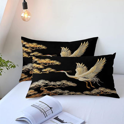 Japanese Style Comforter Set Queen Size Black Gold Pine and Crane Bedding Set 3D Vintage Chinoiserie Printing Bedding White Golden Bird Tree Comforter Ultra Soft Lightweight Microfiber