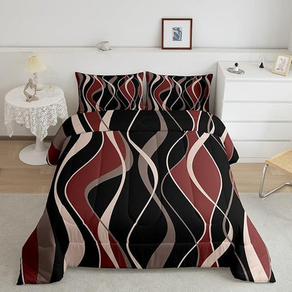 Erosebridal Geometric Comforter Set Queen Modern Bedding Set, Abstract Artwork Bedding Comforter Sets Striped Duvet, Black Red Pink Brown Quilted Comforter 3 Pieces with 2 Pillowcases