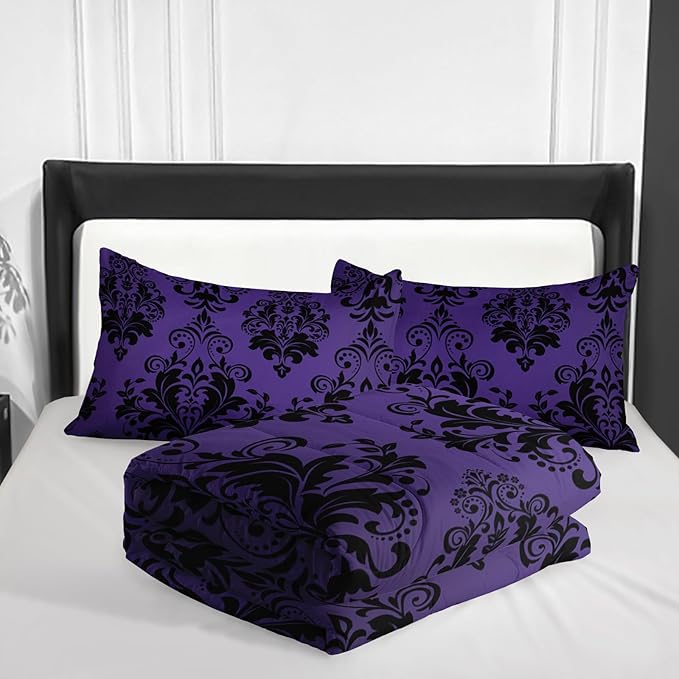 Violet Gothic Floral Print Comforter Set Twin Size,Vintage Damask Floral Bedding Set,Bohemian Exotic Printed Quilted Set for Teens Adult,with 1 Comforter and 2 Pillow Case