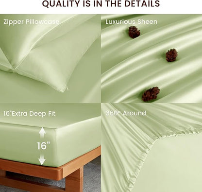 THXSILK Luxury Mulberry Silk Fitted Sheet Set 3 Pcs, King Silk Bed Sheet Set with 16" Deep Pockets, Soft & Cooling Sheets, 1 Fitted Sheet, 2 Pillowcases with Zipper Closure - Mint Green