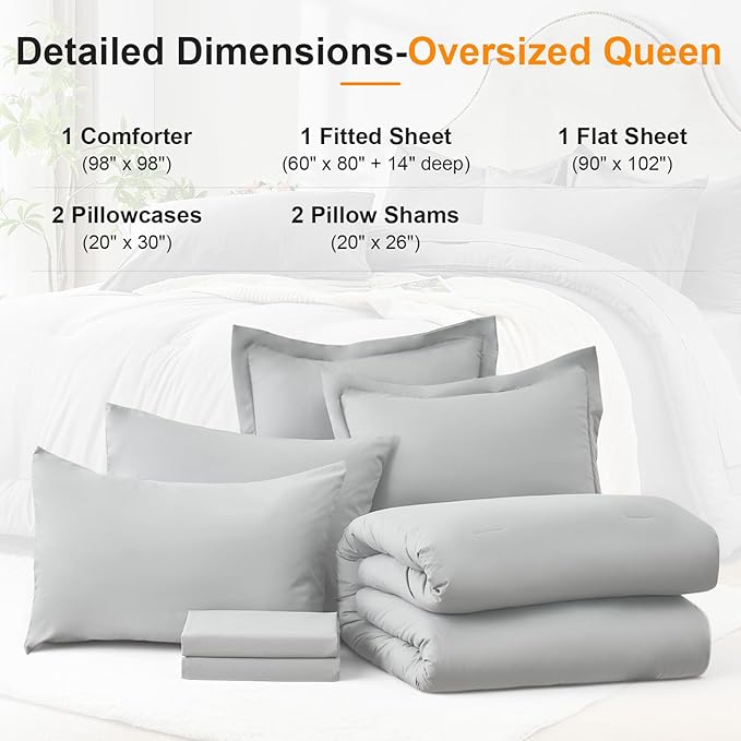 Oversized Queen Comforter Set 7 Piece - Soft Bed in a Bag Queen Size Comforter Sets, Cozy Bedding Sets with All Season Comforter, Flat Sheet, Fitted Sheet,2 Pillowcases & 2 Shams, Light Gray