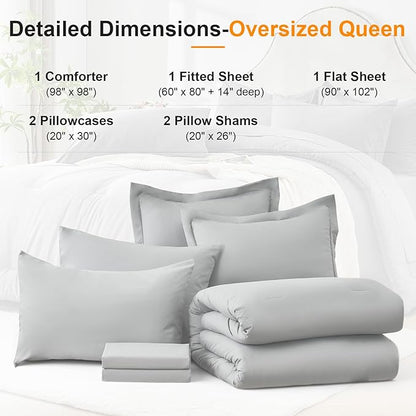 Oversized Queen Comforter Set 7 Piece - Soft Bed in a Bag Queen Size Comforter Sets, Cozy Bedding Sets with All Season Comforter, Flat Sheet, Fitted Sheet,2 Pillowcases & 2 Shams, Light Gray