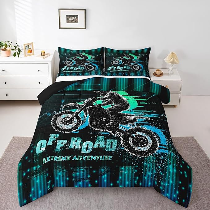 Feelyou Dirt Bike Comforter Set Queen Size Extreme Sports Comforter Racing Motocross Rider Bedding Set Motorcycle Duvet Set Room Decor Blue Green Quilt Set
