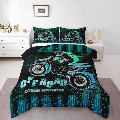 Feelyou Dirt Bike Comforter Set Full Size Extreme Sports Comforter Racing Motocross Rider Bedding Set Motorcycle Duvet Set Room Decor Blue Green Quilt Set