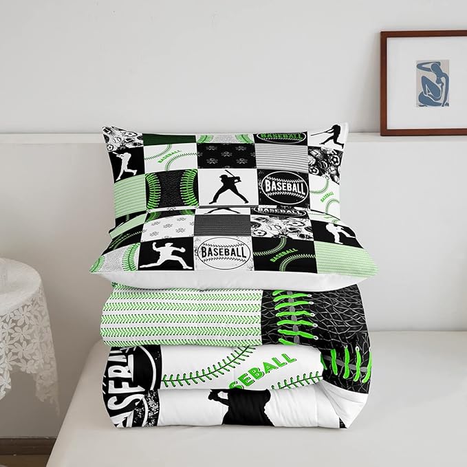 Boys Baseball Bedding Set Queen Kids Softball All Season Comforter Set Ultra Warm Sports Game Soccer Volleyball Quilted Comforter for Youth Geometric Patchwork Down Comforter with 2 Pillowcases