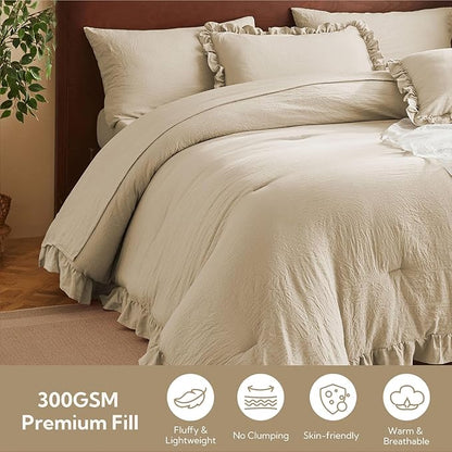 MR&HM California King Comforter Set Linen, Comforter Set 7 Pieces for Girls Women, Shabby Chic Vintage Cottagecore Bed Sets Elegance Boho Bed in a Bag, Ultra-Soft & Fluffy Comforter for All Season
