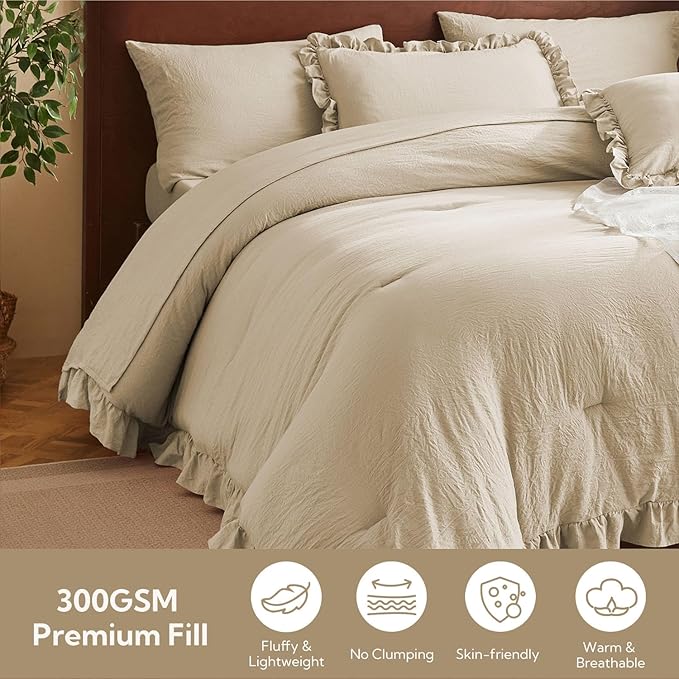 MR&HM Linen Comforter Set Full Size for Girls Women 7 Pieces, Shabby Chic Vintage Cottagecore Bed Sets Elegance Boho Bed in a Bag, Ultra-Soft & Fluffy Comforter for All Season