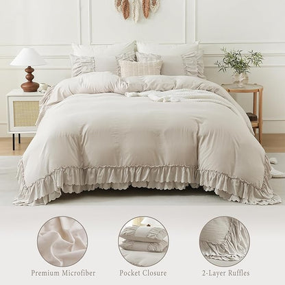 Herside Beige Ruffle Comforter King Size,Shabby Chic Boho Bedding Set,2 Layers Ruffles Fluffy Vintage Comforter Home Decor,Farmhouse 3 Pcs Microfiber Lightweight Quilt Set for Women Girls