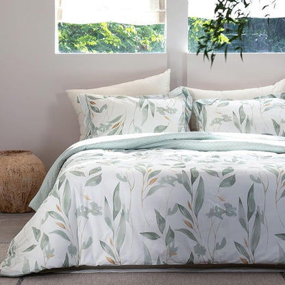 Cotton Comforter King Size Set – White Green Botanical Leaves Bedding, Soft & Breathable Comforter, All-Season Down-Alternative Filling, 1 Comforter & 2 Pillow Shams