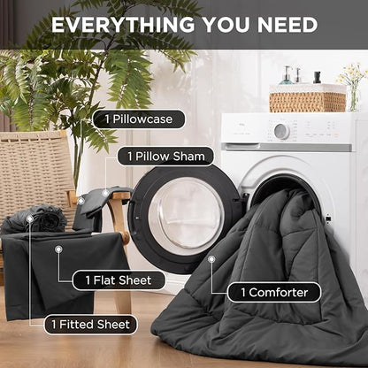 5 Pieces Twin Comforter Set - Utral Soft Microfiber Bedding Set, Thick Duvet Insert Bed in a Bag Without Rustling Noise for All Season, Dark Grey (68"x88")