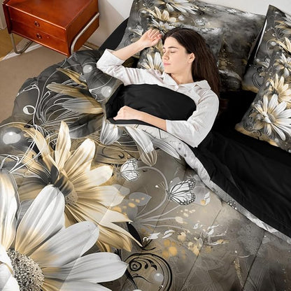 Feelyou Girls Vintage Flower Comforter Set with Sheets King Size 7 Pieces Kids Yellow Daisy Florals Pattern Bedding Set for Boys Women Teens Butterfly Botanical Nature Garden Theme Bed in a Bag