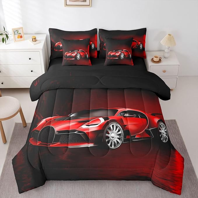 Feelyou Sports Car 7 Piece Bedding Set Red Race Car Comforter Set with Sheets for Kids Boys Girls Extreme Sports Theme Bed in a Bag Cool Speed Luxury Car Decor Bed Set with 2 Pillowcases King