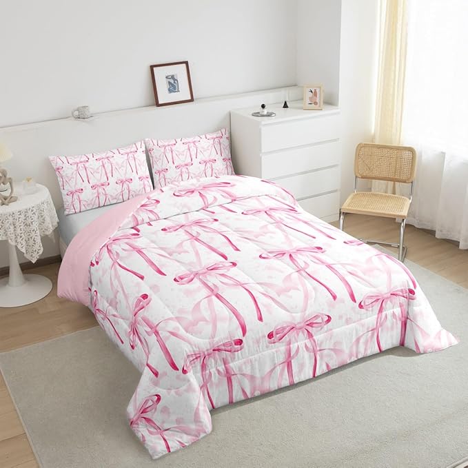 Feelyou Pink Girls Bow Comforter Set Twin Size Cute Bowknot Bedding Set Bow Comforter Kawaii Duvet Bow and Stripes Quilt 2Pcs