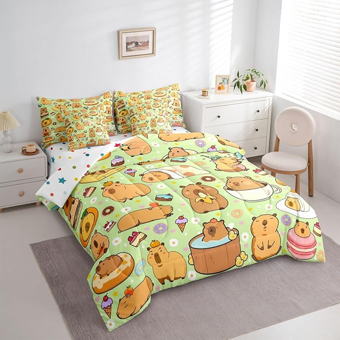 Capybara Themed 7 Pcs Bedding Set Full Size,Funny Cute Capybaras Bed in a Bag,Rodent Animals Bed Set Includes Comforter,Sheet Set,Pillowcases & Pillow Covers,Yummy Desserts Love Hearts Bedroom Decor