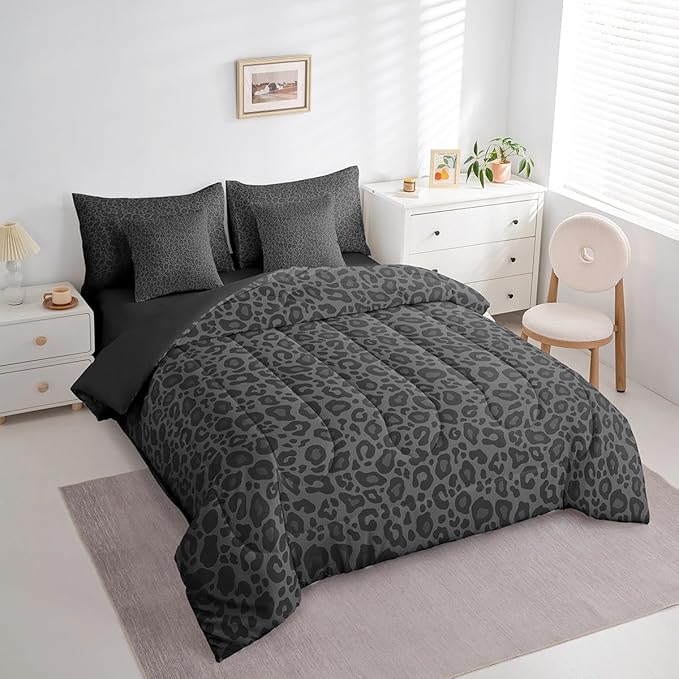 Leopard Print Full Size Comforter Set with Sheets 7 Pcs,Gray Wild Animal Skin Comforter Blanket,African Cheetah Wildlife Bedding Sets with Comforter,1 Flat,Fitted Sheet,Pillowcases and Pillow Covers