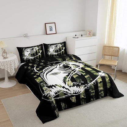 Bass Fishing Comforter Set - Big Pike Fish Camo Bedding for Boys Teens Men - Farmhouse Decor Duvet Insert Army Camouflage American Flag Quilt - Fisherman Hunting Bedspread King