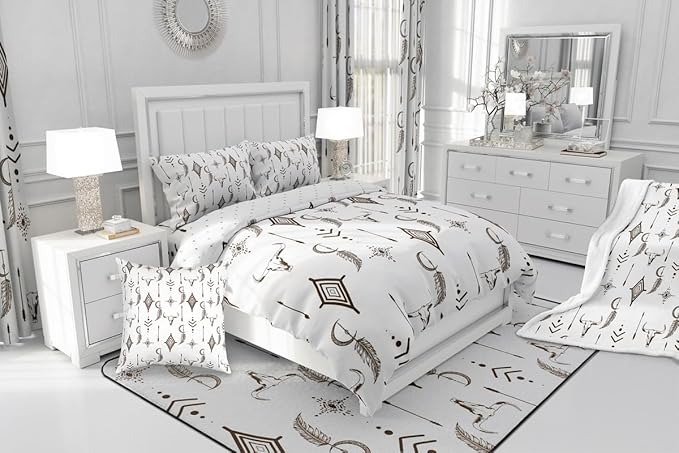 Feelyou Western Bull Skull Comforter Set Ethnic Horns Boho Bedding Set Full Size for Kids Adult Brown White Tribal Symbol Mysterious Aztec Comforter