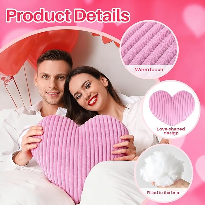 Cumule 3Pcs Valentine's Day Heart Pillows Ribbed Large Love Heart Pillows Red Ivory Pink Pillows for Valentines Day Living Room Bedroom Decor