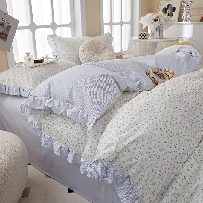 HighBuy Ruffle Floral Comforter Set Queen Blue Flower Coquette Bedding Comforter Romantic Lace Floral Comforter Set Fluffy Boho Bedding Comforter Sets 1 Ruffled Comforter with 2 Lace Pillowcases