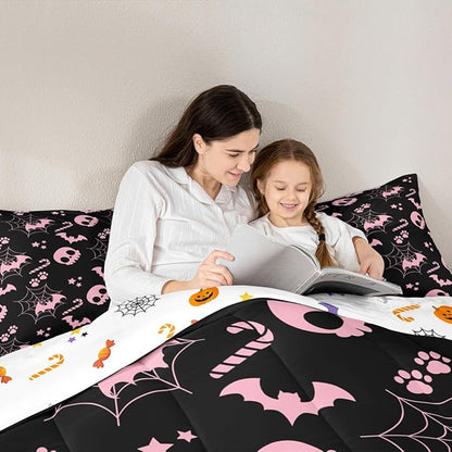 Erosebridal Cute Pink Halloween Twin Bedding Sets Spider Web Skull Bat Comforter Set Spooky Goth Gothic Animal Quilt Duvet Set Horror Halloween Bedding Collections for Kids Teens Adults