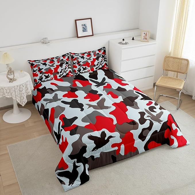 Erosebridal Farmhouse Duvet Insert Toddler Size Camo Bedding for Kids Army Camouflage Hunting Bedding Comforter Sets Vintage Red Grey Bedroom Decor Wild Animal Duck Rustic Comforter Set