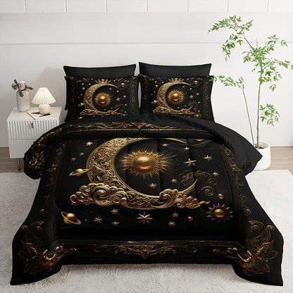 7 Piece Black and Gold Galaxy Comforter Set Queen Size，Sun and Moon Bedding Set Queen，(1 Comforter, 1 Flat Sheet, 1 Fitted Sheet, 2 Pillowcase and 2 Pillow Sham)，Astrology Bedroom Decor