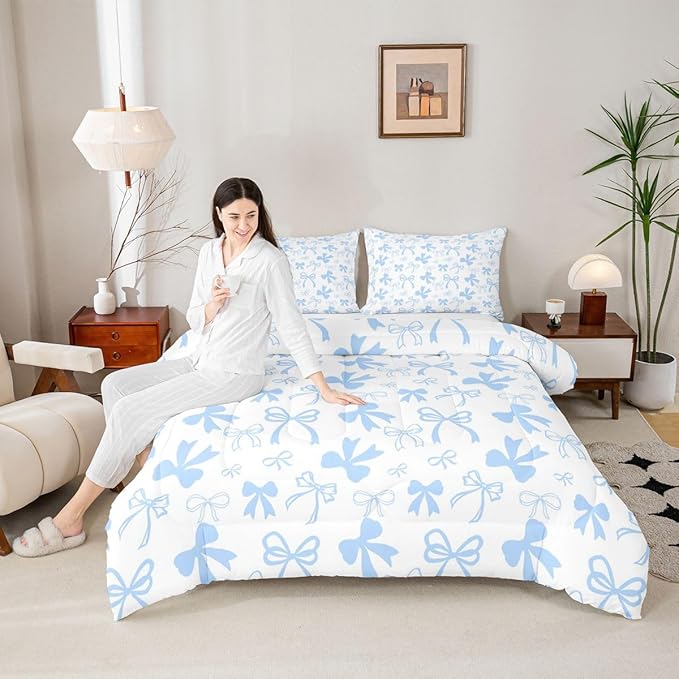 Erosebridal Cute Blue Bow Bedding Set King Size,Dreamy Princess Style Bowknot Comforter Set for Girls Kids Teen,Cute Kawaii Bow Bedding Comforter Sets Girly Coquette Blue Butterfly Knot Quilt