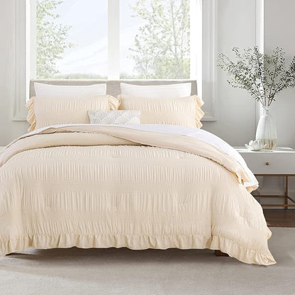 Twin Comforter Set, Seersucker Vintage Comforter Ultra-Soft Bedding Set Twin/Twin XL 3 Piece Set, Down Alternative Light Weight Comforter Set (Beige, Twin 68"x90")