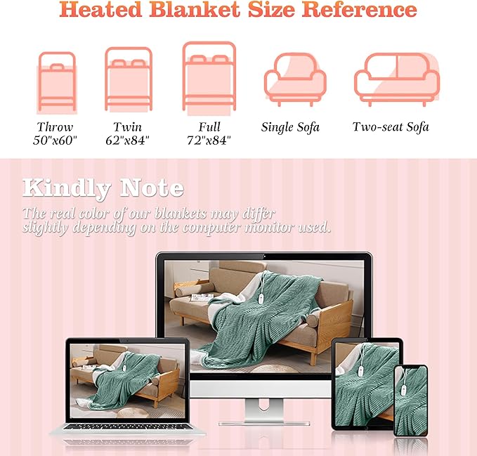Heated Blanket Electric Throw 50"x60" Heating Blanket 450gsm Ribbed Flannel Sherpa Ultra-Soft with 5 Heating Levels and 4 Hour Auto Off, ETL & FCC Certified Electric Blanket, Great Winter Gift, Green