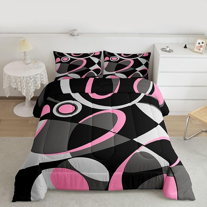 Feelyou Pink Grey and Black Comforter Retro Circle Geometrics Comforter Set Modern Abstract Art Bedding Set for Kids Boys Girls Geometrics Swirl Duvet Set Luxury Room Decor Quilt Set Full Size