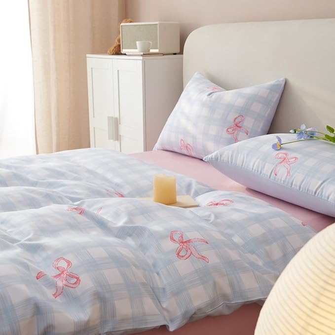 Blue Plaid Twin Comforter Set - Pink Bow Quilt Bedding Set 2 Pieces, Gingham Comforter Set Twin Size, Soft & Lightweight Comforter(68‘’ x 90‘’) for Girl All Season & 1 Pillowcase(30‘’x20‘’)