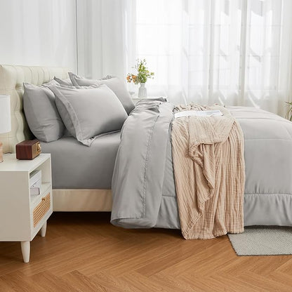 EMME King Comforter Set - 7 Piece, Ultra Soft Grey Bedding Sets, Bed in a Bag King, All Season Brushed Bed Set with 1 Comforter, 1 Flat Sheet, 1 Fitted Sheet, 2 Pillowcases and 2 Pillow Shams