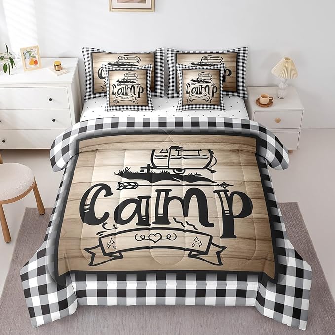 Erosebridal 7Pcs Full Size Kids Comforter Set with Sheets, Rv Camper Decor Bedding Set for Kids Black and White Buffalo Plaid Comforter Sets Bed in a Bag for Boys Girls Farmhouse Decor