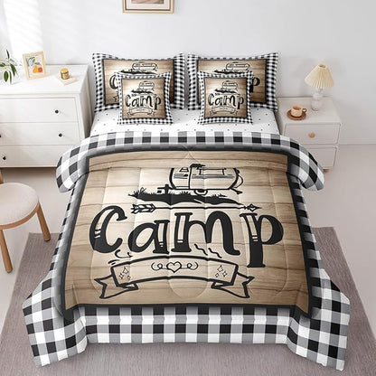 Erosebridal 7Pcs Full Size Kids Comforter Set with Sheets, Rv Camper Decor Bedding Set for Kids Black and White Buffalo Plaid Comforter Sets Bed in a Bag for Boys Girls Farmhouse Decor