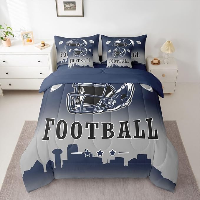 Erosebridal American Soccer Bed in A Bag Football City Queen 7 Pcs Bedding Set for Kids Boys Girls,Sports Rugby Comforter Set with Sheets for Ball Fans Gift,Competitive Ball Games Bed Set