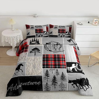 Erosebridal Horse Duvet Insert for Boys, Western Cowboy Comforter Set Horseshoe Riding Boots Bedding Set Vintage Adventure Decor Rustic Farmhouse Cabin Lodge Quilt King, with 2 Pillow Cases,Red Grey