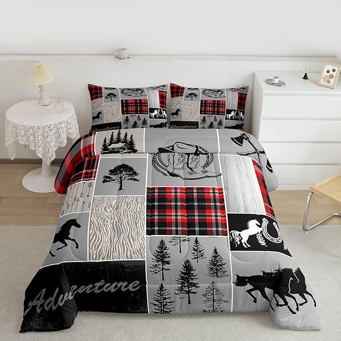 Erosebridal Horse Duvet Insert for Boys, Western Cowboy Comforter Set Horseshoe Riding Boots Bedding Set Vintage Adventure Decor Rustic Farmhouse Cabin Lodge Quilt Full, with 2 Pillow Cases,Red Grey