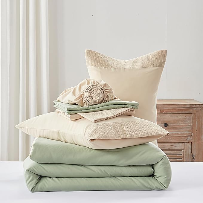 Anluoer Queen Size Bed in a Bag 7 Pieces, Sage Green Bed Set with Comforter, Pillow Shams, Pillowcases, Flat Sheet, Fitted Sheet